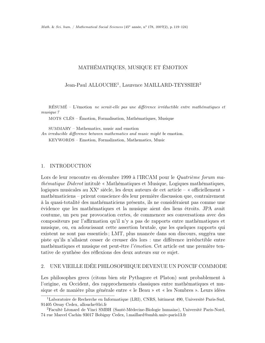 Pdf Mathematiques Musique Et Emotion