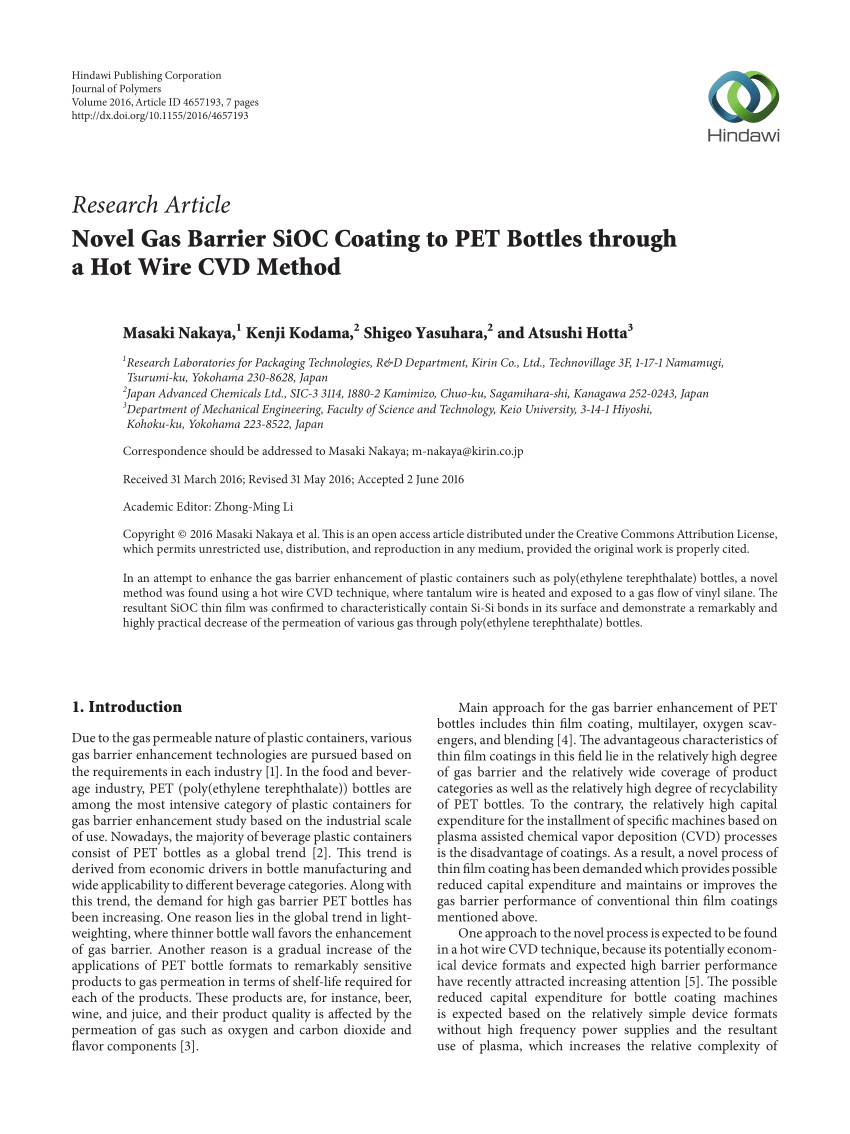 Pdf Novel Gas Barrier Sioc Coating To Pet Bottles Through A Hot Wire Cvd Method