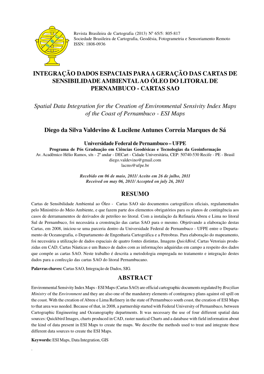 Pdf IntegraÇÃo Dados Espaciais Para A GeraÇÃo Das Cartas De Sensibilidade Ambiental Ao Óleo Do 5172