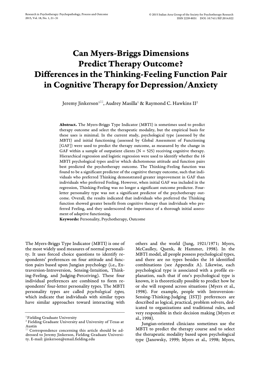 PDF) Can MBTI Dimensions Predict Therapy Outcome: Differences in the  Thinking-Feeling Function Pair in CBT