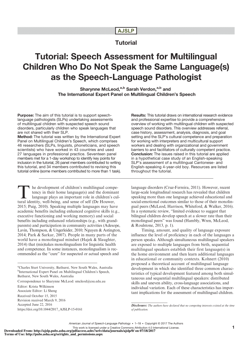 PDF) Tutorial: Speech Assessment for Multilingual Children Who Do Regarding Speech And Language Report Template