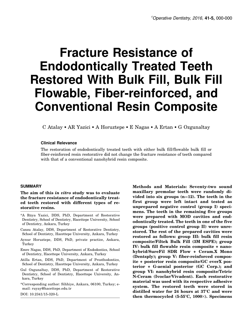 Pdf Fracture Resistance Of Endodontically Treated Teeth Restored With Bulk Fill Bulk Fill Flowable Fiber Reinforced And Conventional Resin Composite