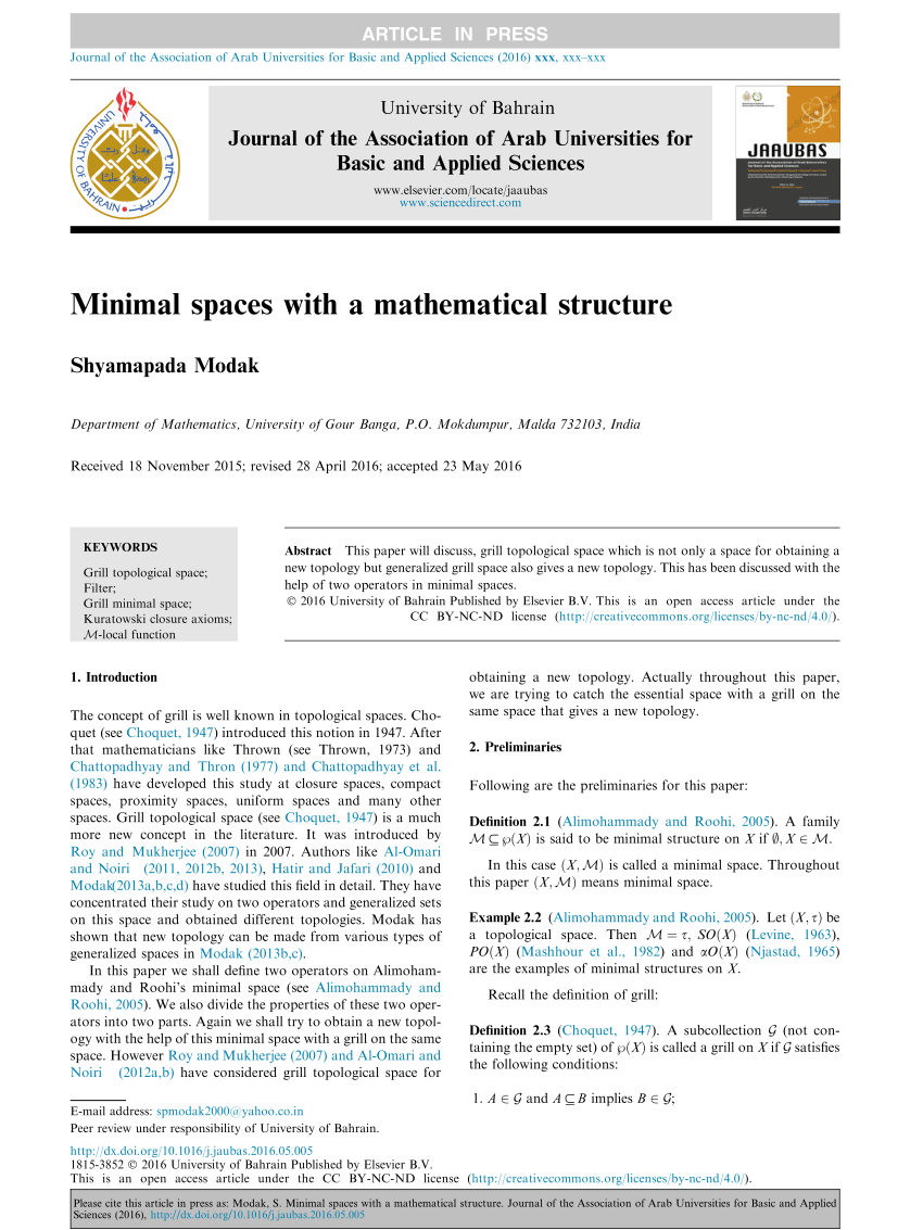 Pdf Minimal Spaces With A Mathematical Structure