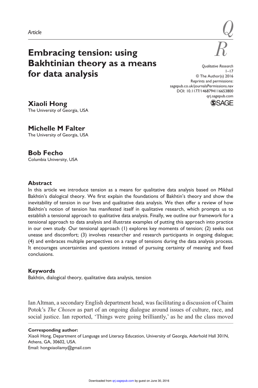 Pdf Embracing Tension Using Bakhtinian Theory As A Means For Data Analysis