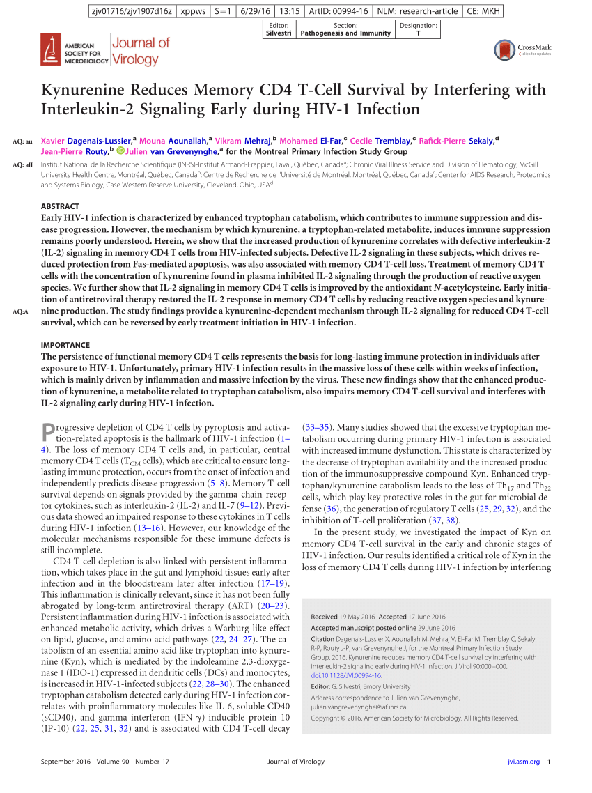 PDF) Kynurenine Reduces Memory CD4 T-cell Survival by Interfering