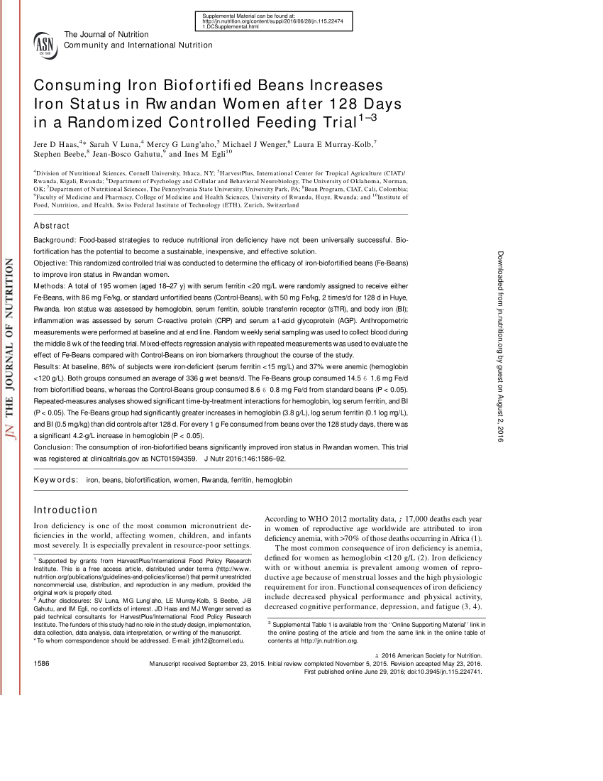 Pdf Consuming Iron Biofortified Beans Increases Iron Status In Rwandan Women After 128 Days In A Randomized Controlled Feeding Trial