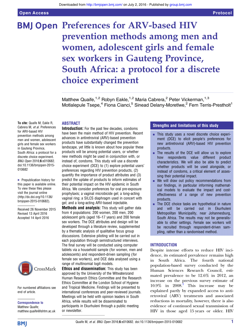Pdf Preferences For Arv Based Hiv Prevention Methods Among Men And Women Adolescent Girls And