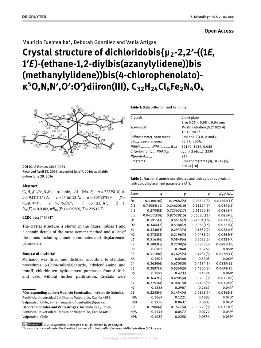 Pdf Crystal Structure Of Dichloridobis M2 2 2 1e 1 E Ethane 1 2 Diylbis Azanylylidene Bis Methanylylidene Bis 4 Chlorophenolato K5o N N O O Diiron Iii C32h24cl6fe2n4o4