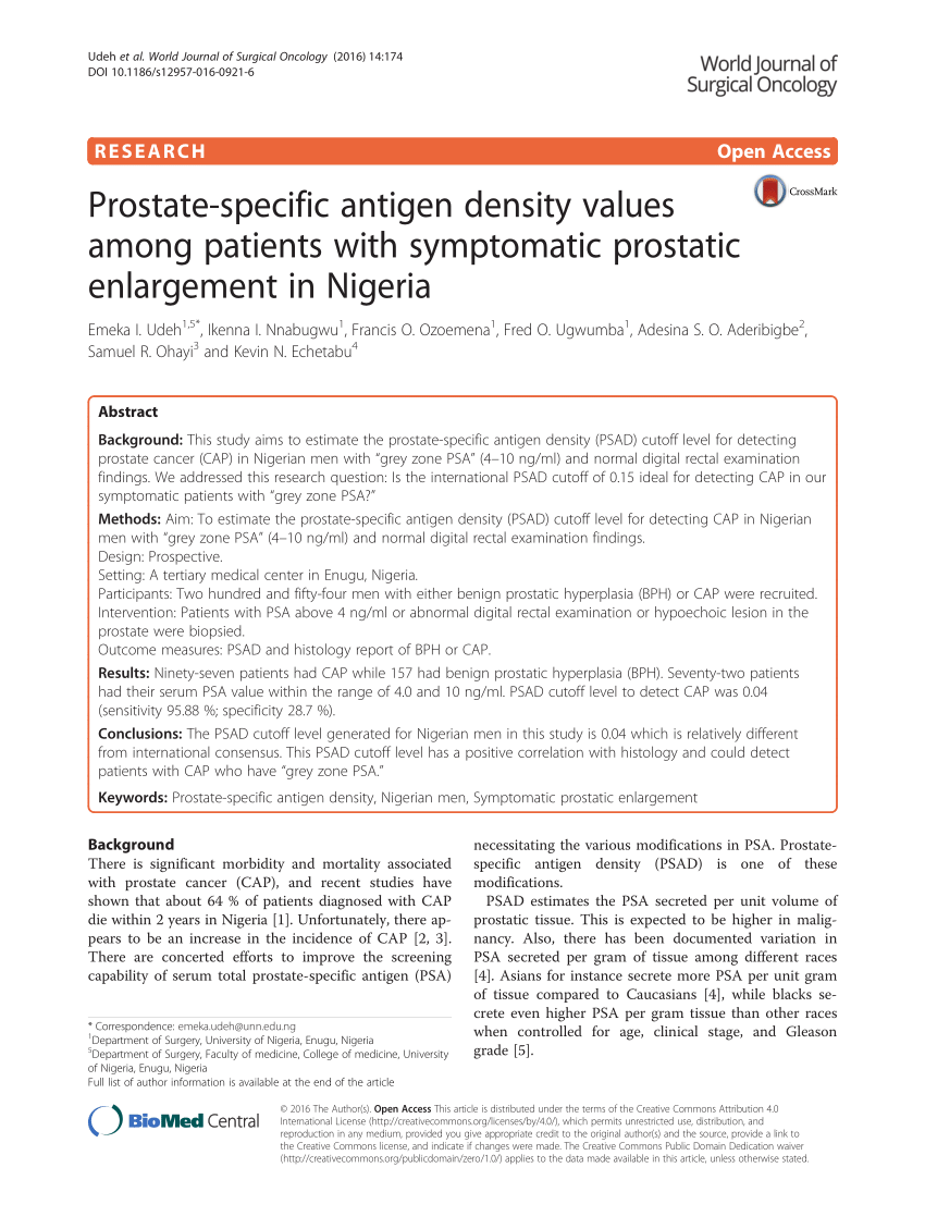 Pdf Prostate Specific Antigen Density Values Among Patients With Symptomatic Prostatic 3452