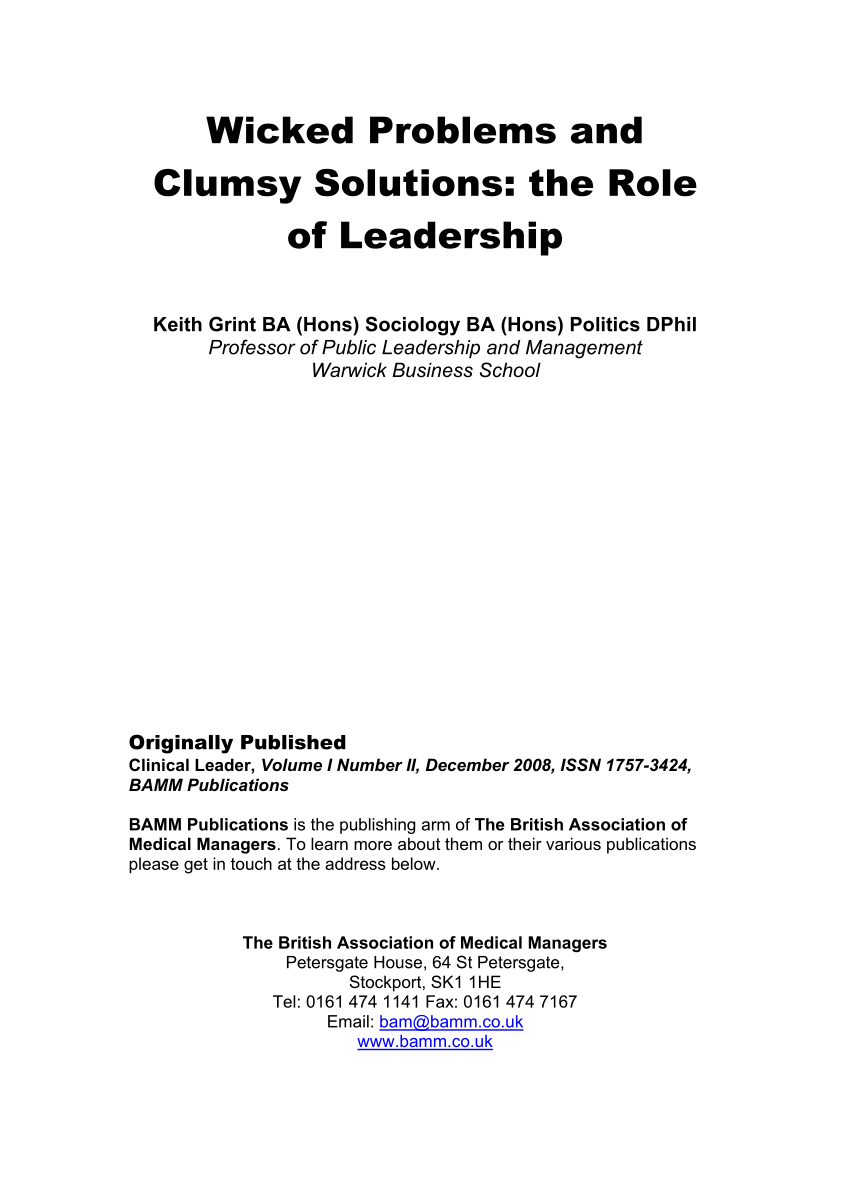 Pdf Wicked Problems And Clumsy Solutions The Role Of Leadership