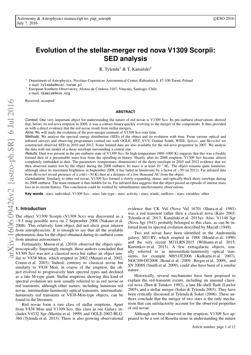 (PDF) Evolution of the stellarmerger red nova V1309 Scorpii SED analysis