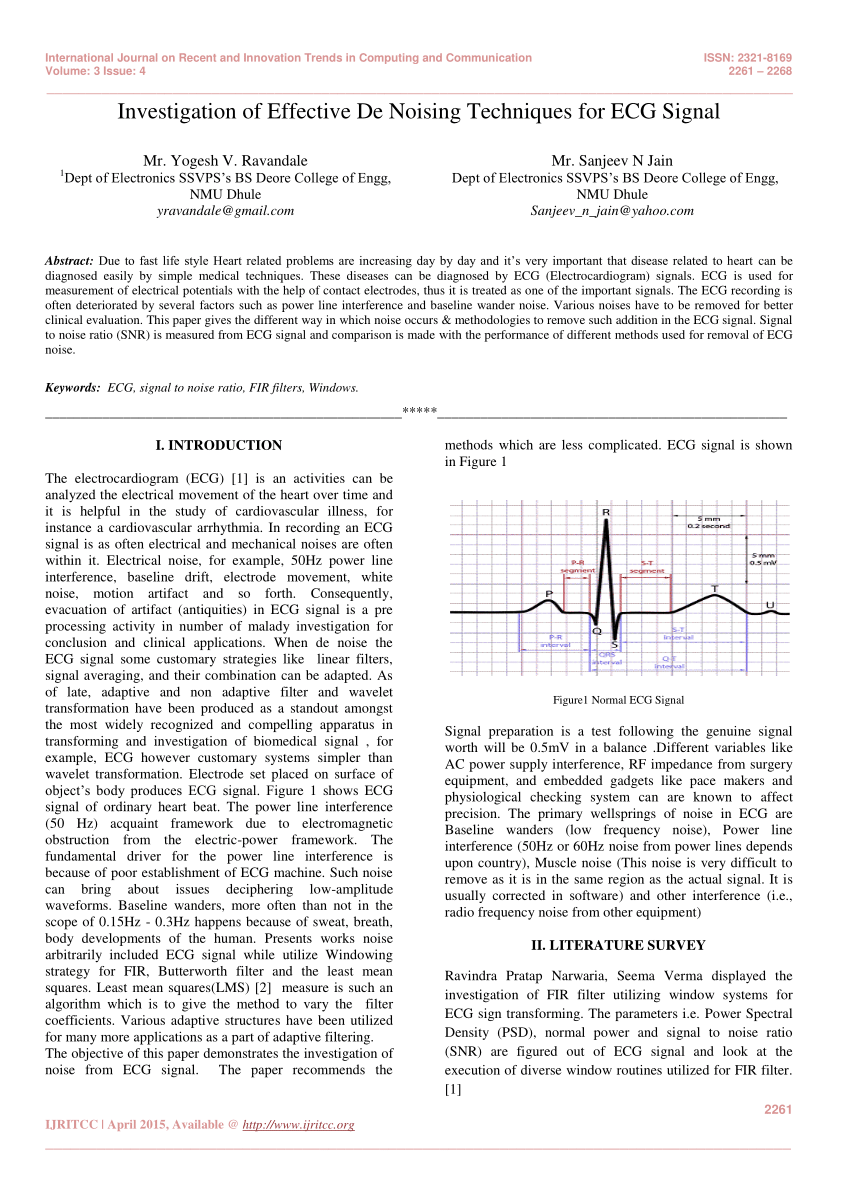 Pdf Investigation Of Effective De Noising Techniques For Ecg Signal