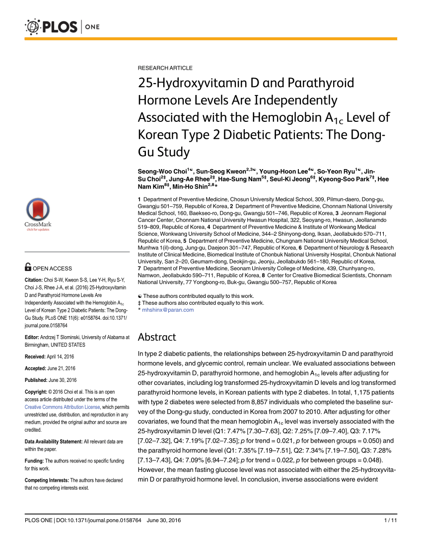 Pdf 25 Hydroxyvitamin D And Parathyroid Hormone Levels Are Independently Associated With The Hemoglobin A1c Level Of Korean Type 2 Diabetic Patients The Dong Gu Study