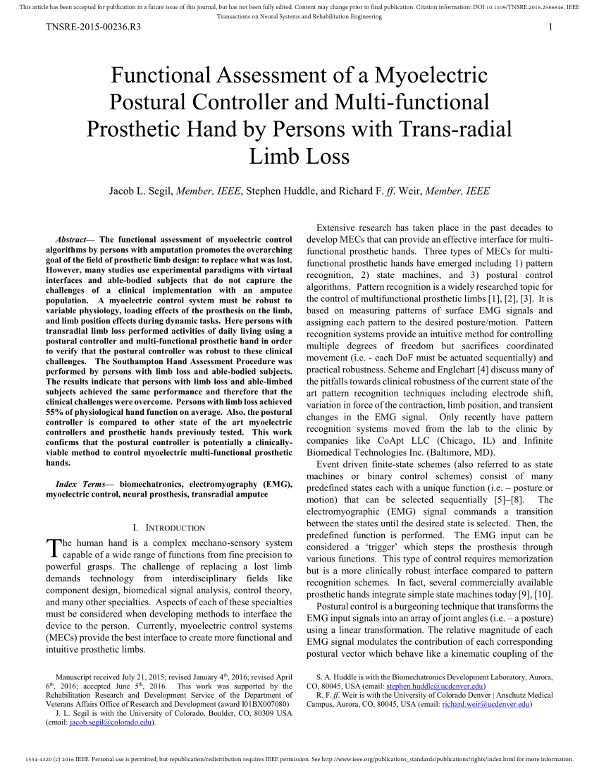 PDF) Functional Assessment of a Myoelectric Postural Controller and  Multi-Functional Prosthetic Hand by Persons With Trans-Radial Limb Loss