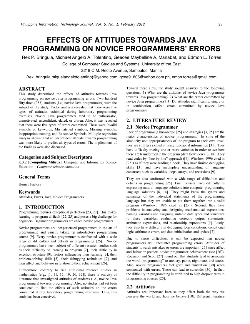 Pdf Effects Of Attitudes Towards Java Programming On Novice Programmers Errors