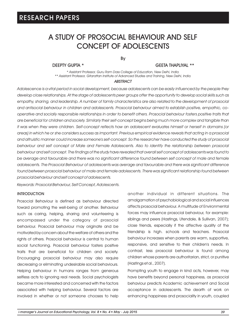 PDF) A STUDY OF PROSOCIAL BEHAVIOUR AND SELF CONCEPT OF ADOLESCENTS