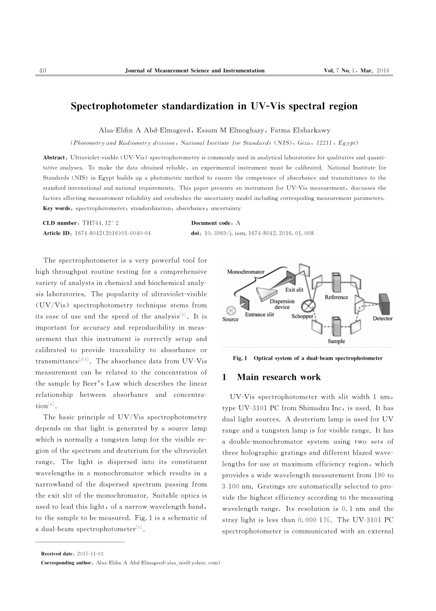 Pdf Spectrophotometer Standardization In Uv Vis Spectral Region