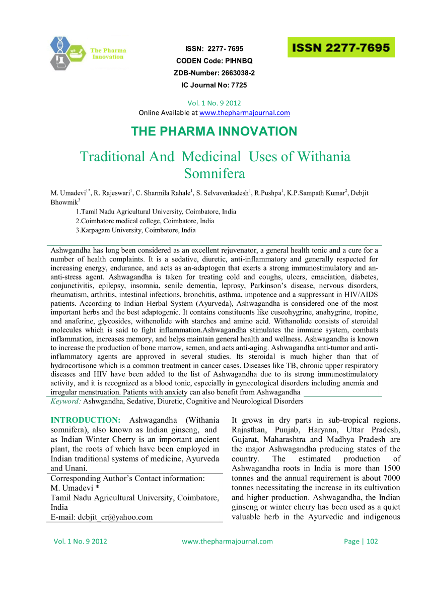 Pdf The Pharma Innovation Traditional And Medicinal Uses Of Withania Somnifera