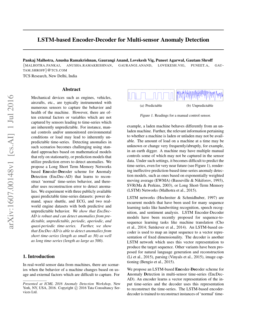 Pdf Lstm Based Encoder Decoder For Multi Sensor Anomaly Detection