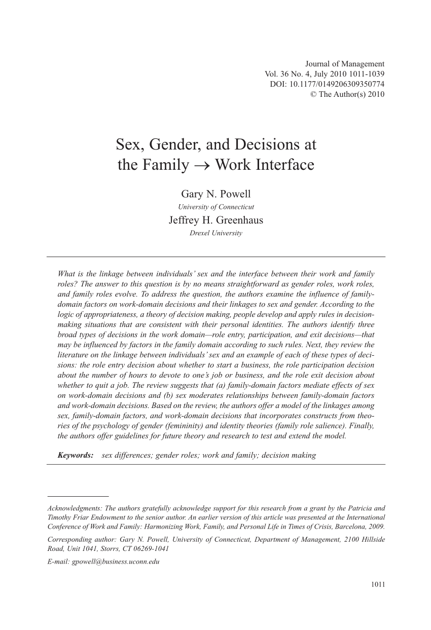 PDF) Sex, Gender, and Decisions at the Family-Work Interface