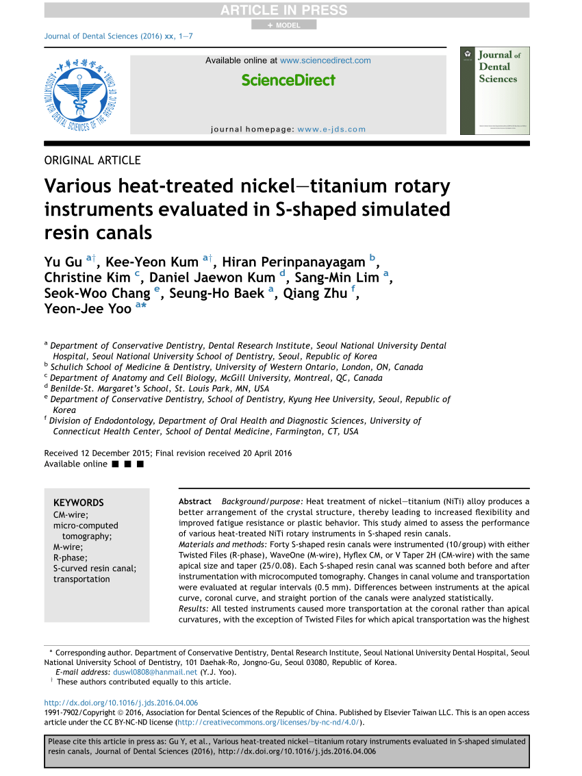 Pdf Various Heat Treated Nickel Titanium Rotary Instruments Evaluated In S Shaped Simulated Resin Canals