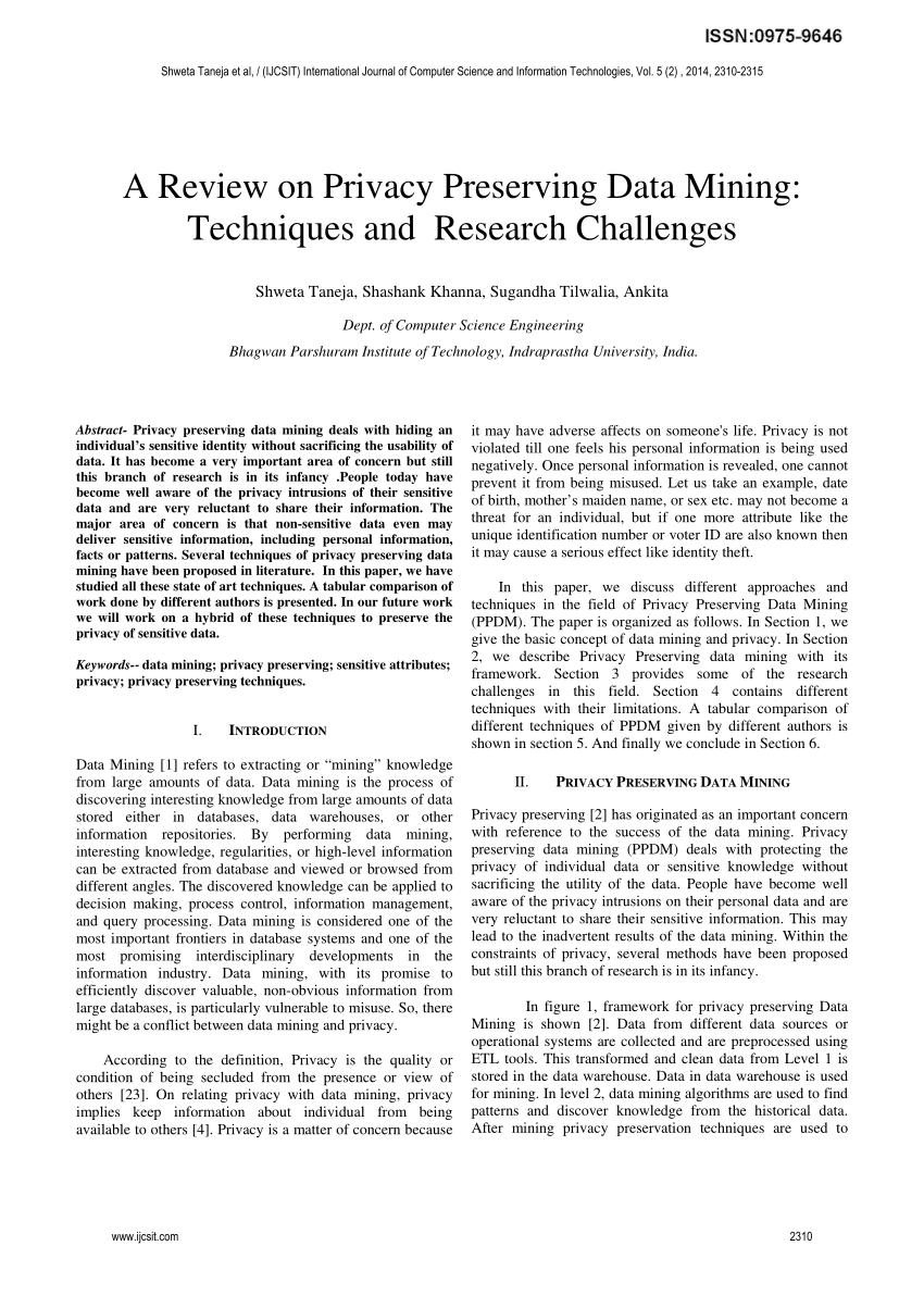 Pdf A Review On Privacy Preserving Data Mining Techniques And Research Challenges