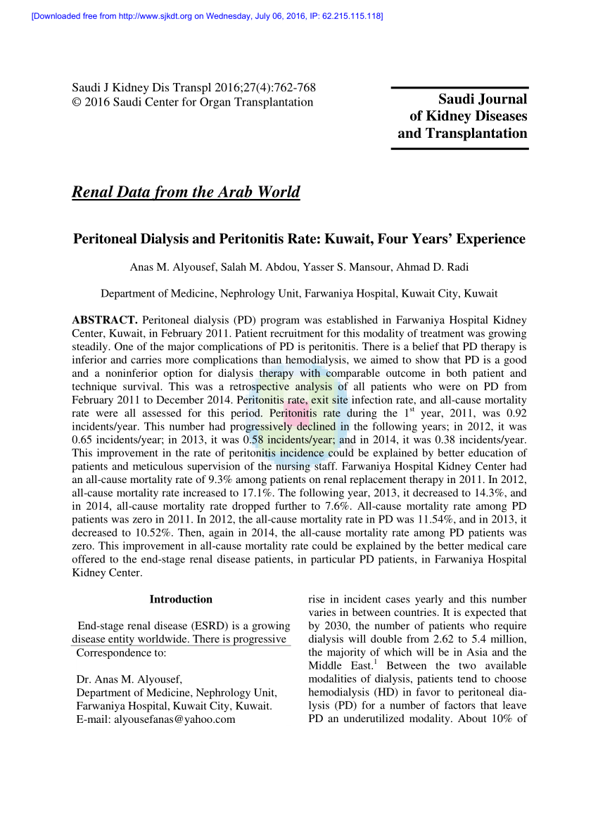 Pdf Peritoneal Dialysis And Peritonitis Rate Kuwait Four Years