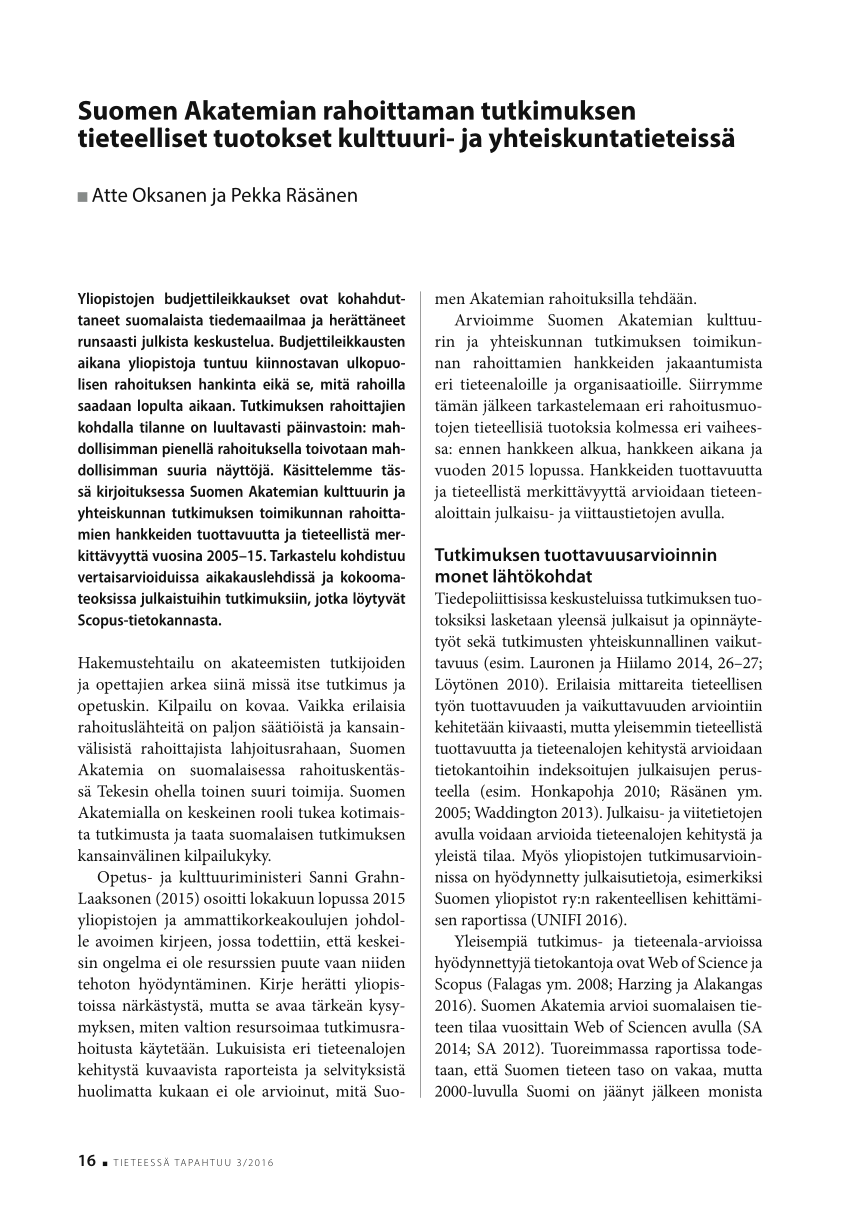 PDF) Suomen Akatemian rahoittaman tutkimuksen tieteelliset tuotokset  kulttuuri- ja yhteiskuntatieteissä