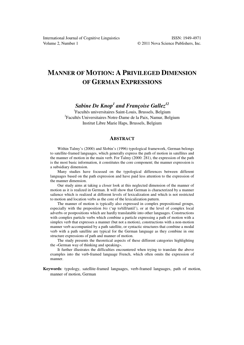 Pdf Manner Of Motion A Privileged Dimension Of German Expressions