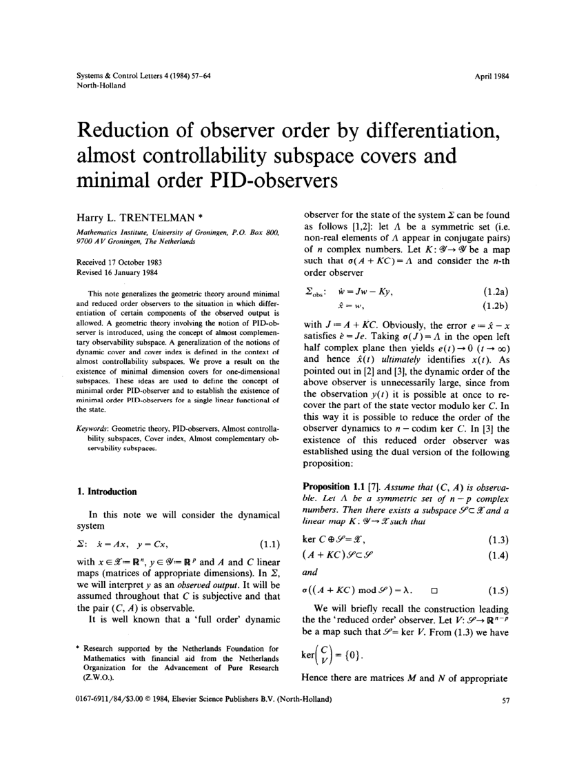 Pdf Reduction Of Observer Order By Differentiation Almost Controllability Subspace Covers And Minimal Order Pid Observers
