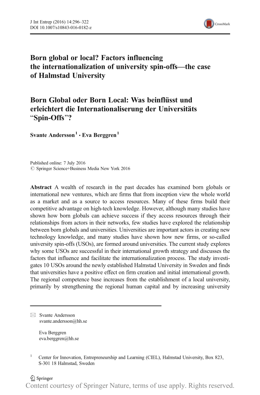 Born Global Or Local Factors Influencing The Internationalization Of University Spin Offs The Case Of Halmstad University Request Pdf