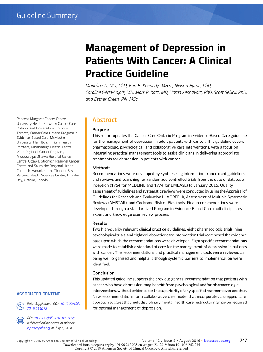 Pdf Management Of Depression In Patients With Cancer A Clinical Practice Guideline 4673