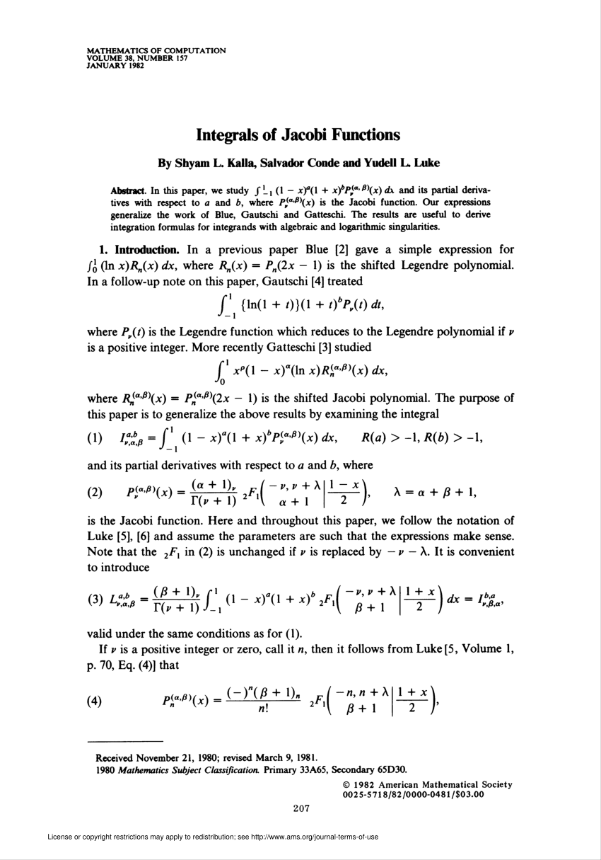 Pdf Integrals Of Jacobi Functions