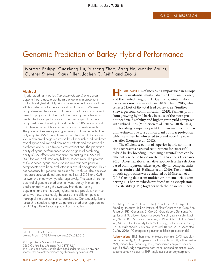PDF) Genomic Prediction of Barley Hybrid Performance