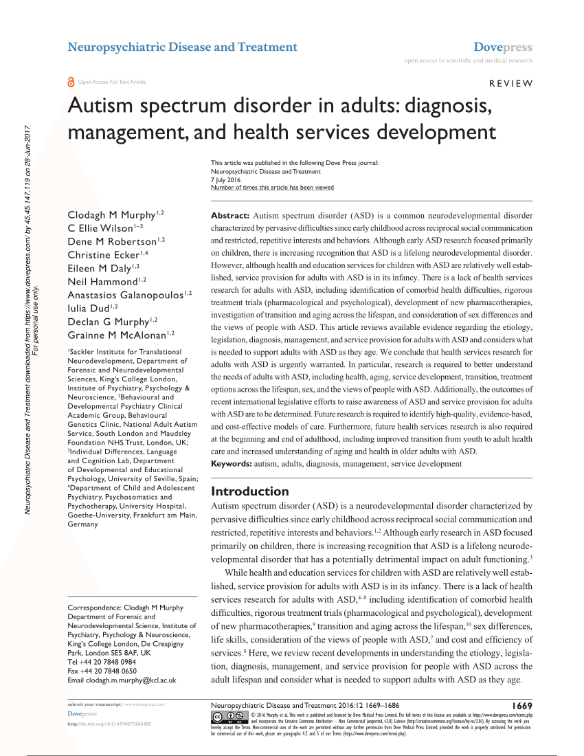 PDF) Autism spectrum disorder in adults: Diagnosis, management ...