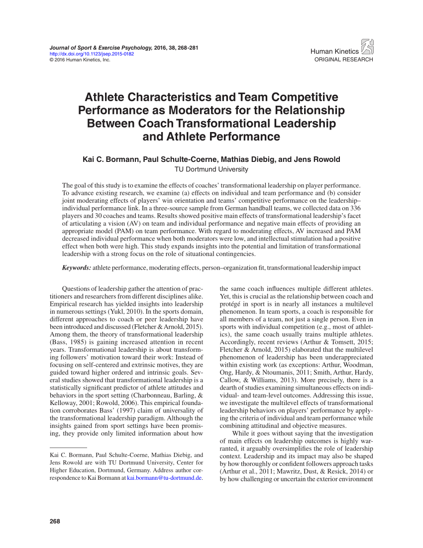 Pdf Athlete Characteristics And Team Competitive Performance As Moderators For The Relationship Between Coach Transformational Leadership And Athlete Performance