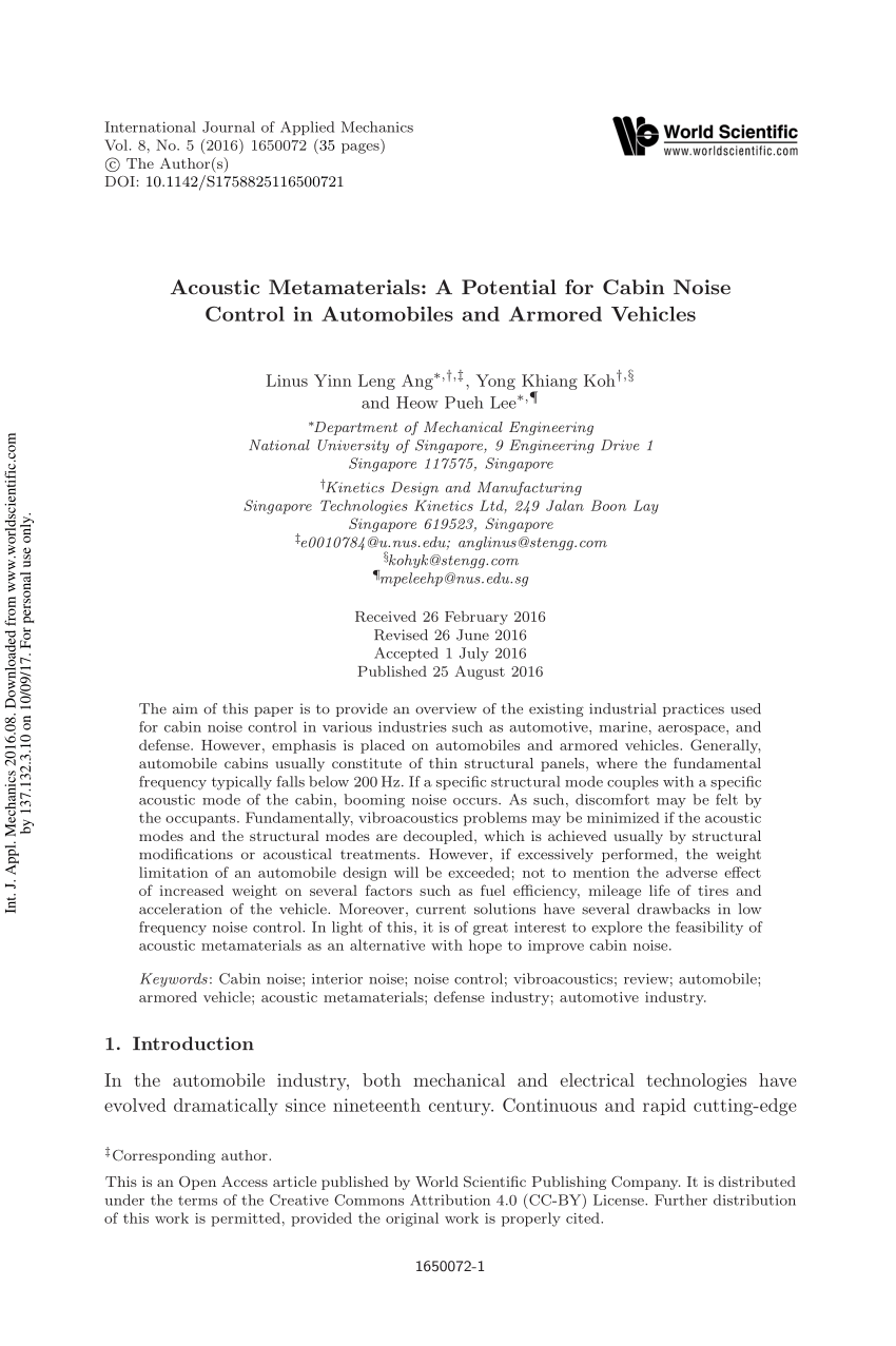 Pdf Acoustic Metamaterials A Potential For Cabin Noise Control