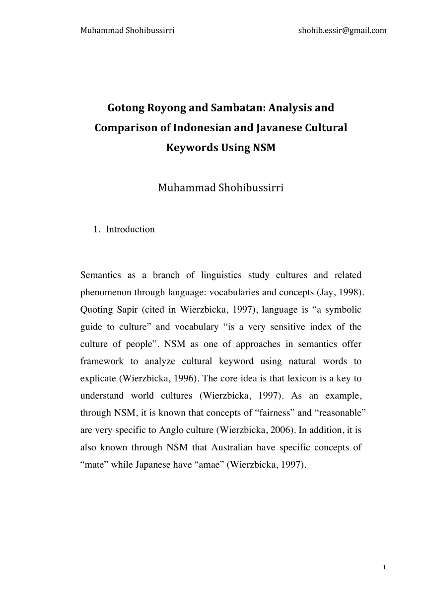 Pdf Gotong Royong And Sambatan Analysis And Comparison Of Indonesian And Javanese Cultural Keywords Using Nsm