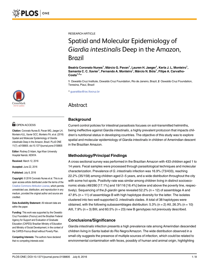 Pdf Spatial And Molecular Epidemiology Of Giardia Intestinalis Deep In The Amazon Brazil