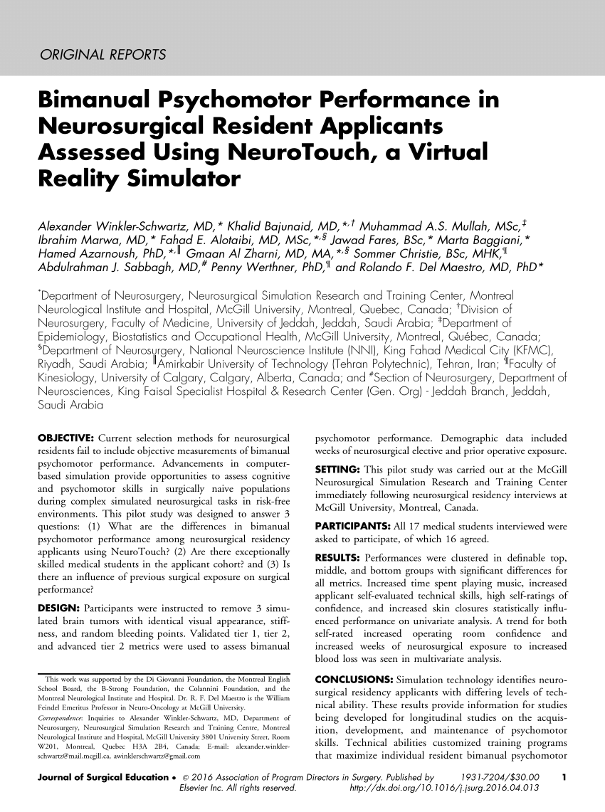 PDF) Bimanual Psychomotor Performance in Neurosurgical Resident Applicants  Assessed Using NeuroTouch, a Virtual Reality Simulator