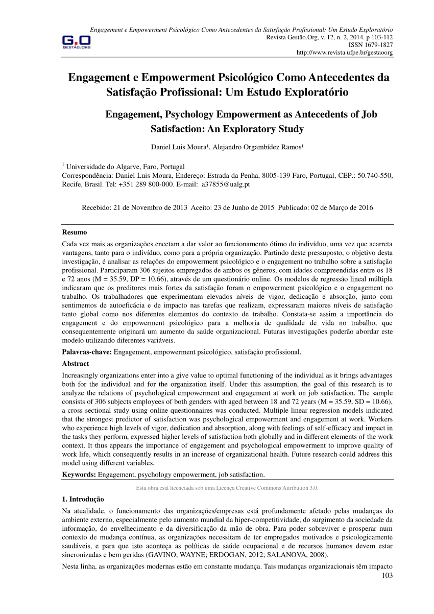 PDF) Engagement e Empowerment Psicológico como Antecedentes da Satisfação  Profissional: Um Estudo Exploratório
