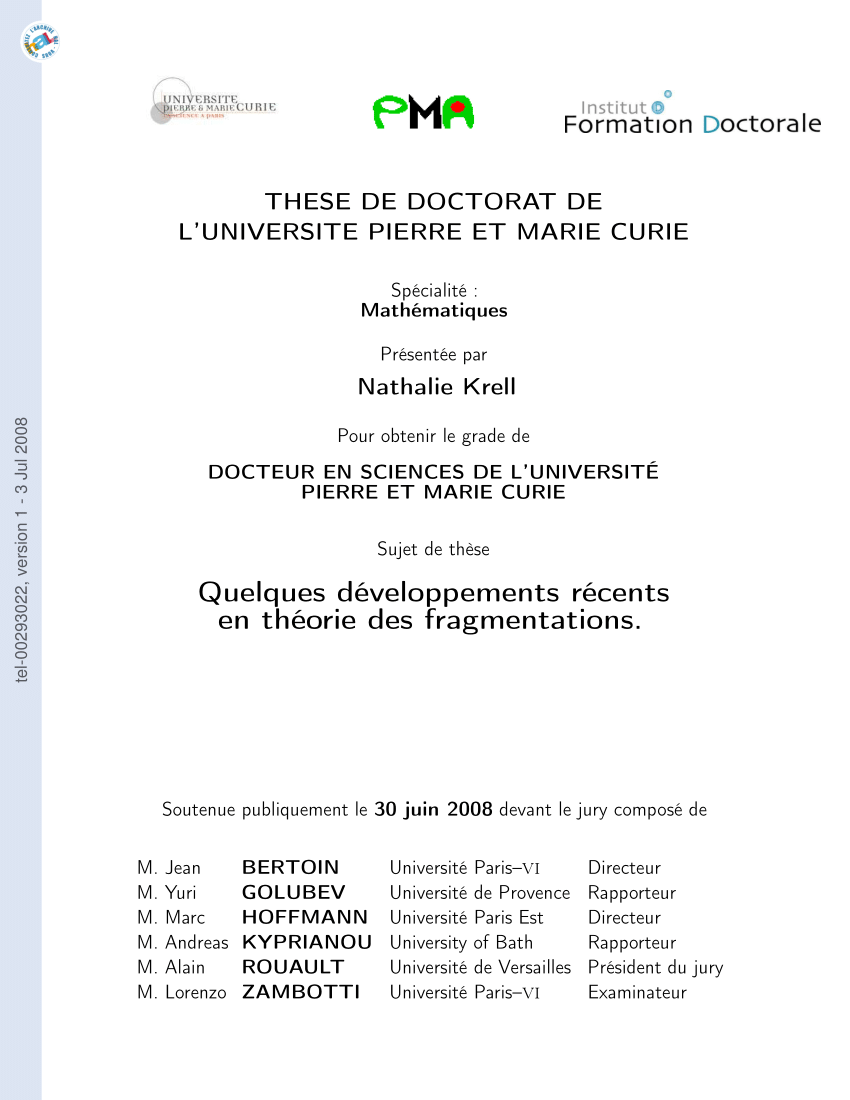 Pdf Quelques Developpements Recents En Theorie Des Fragmentations