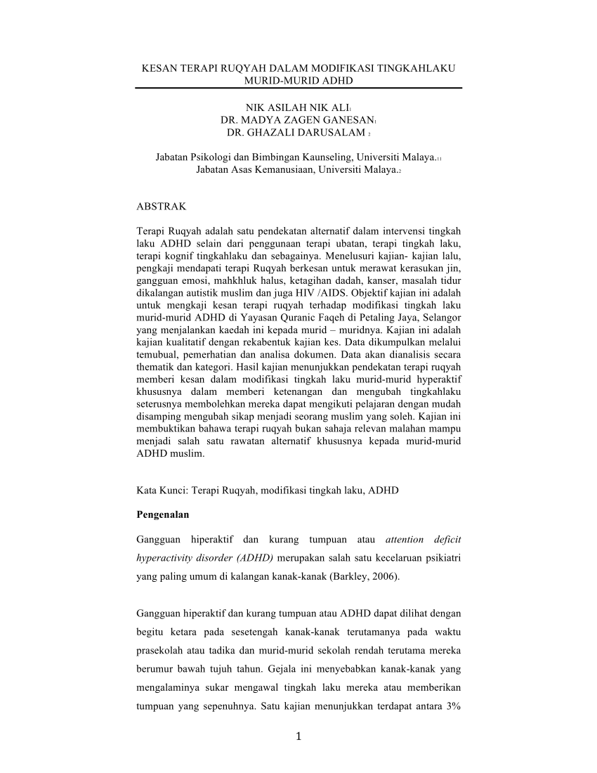 Pdf Kesan Terapi Ruqyah Dalam Modifikasi Tingkahlaku Murid Murid Adhd