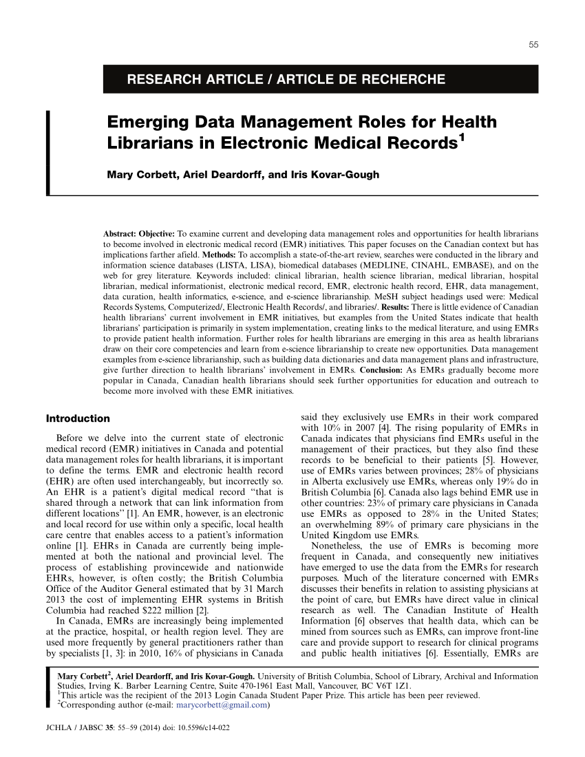 Pdf Emerging Data Management Roles For Health Librarians In Electronic Medical Records 9352