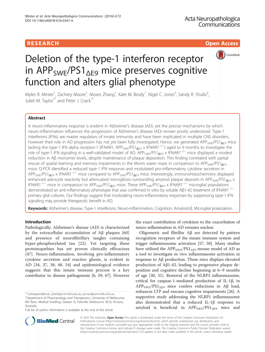 PDF) Deletion of the type-1 interferon receptor in APPSWE/PS1ΔE9 mice  preserves cognitive function and alters glial phenotype