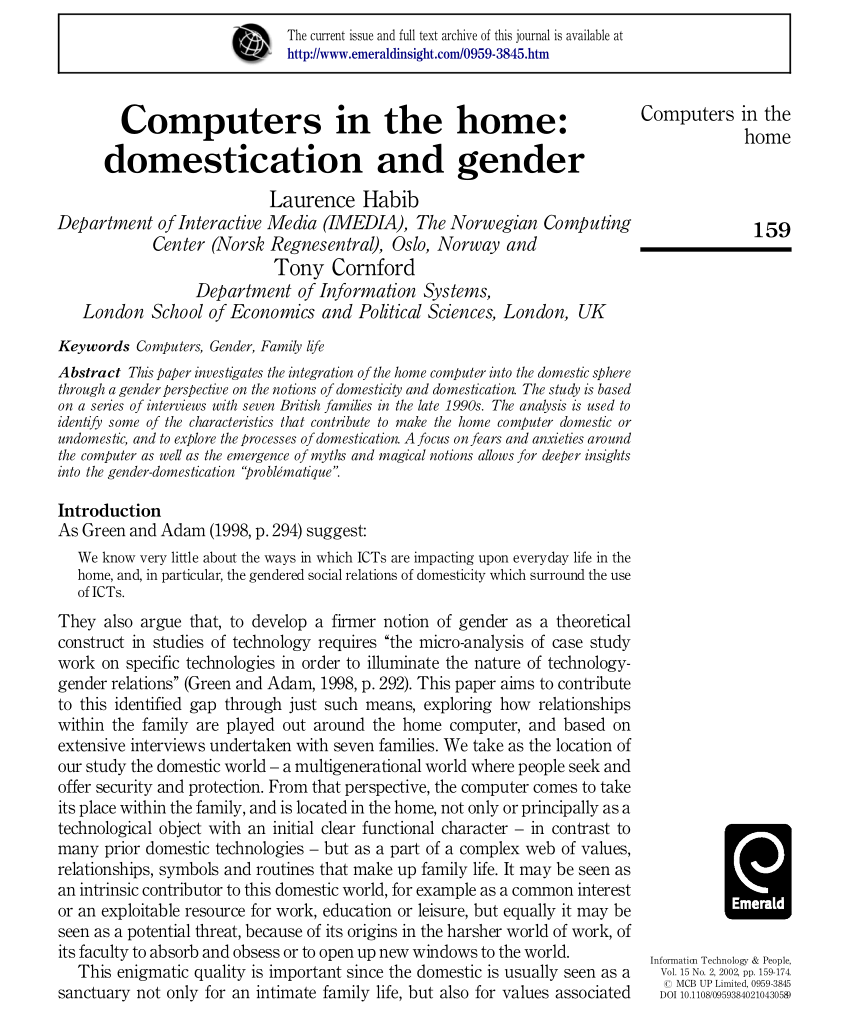 PDF) Computers in the Home Domestication and Gender picture