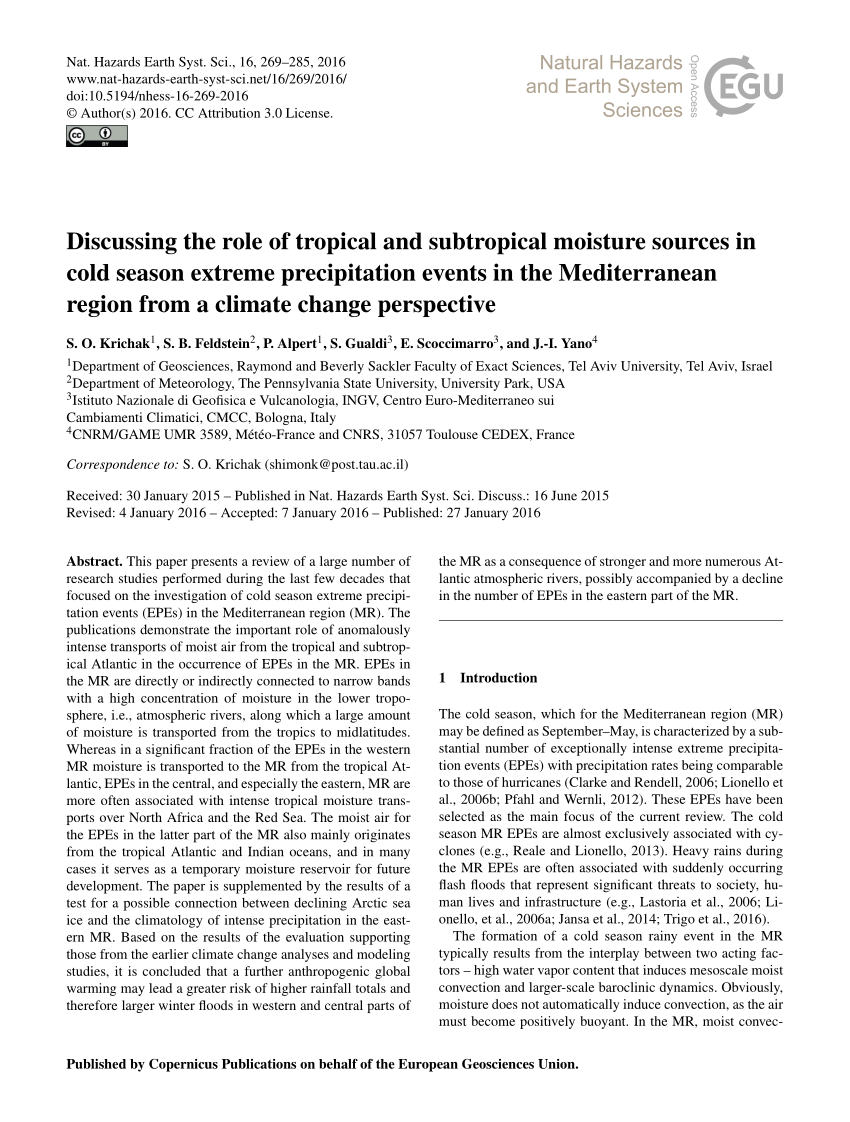 Pdf Discussing The Role Of Tropical And Subtropical Moisture Sources In Cold Season Extreme Precipitation Events In The Mediterranean Region From A Climate Change Perspective