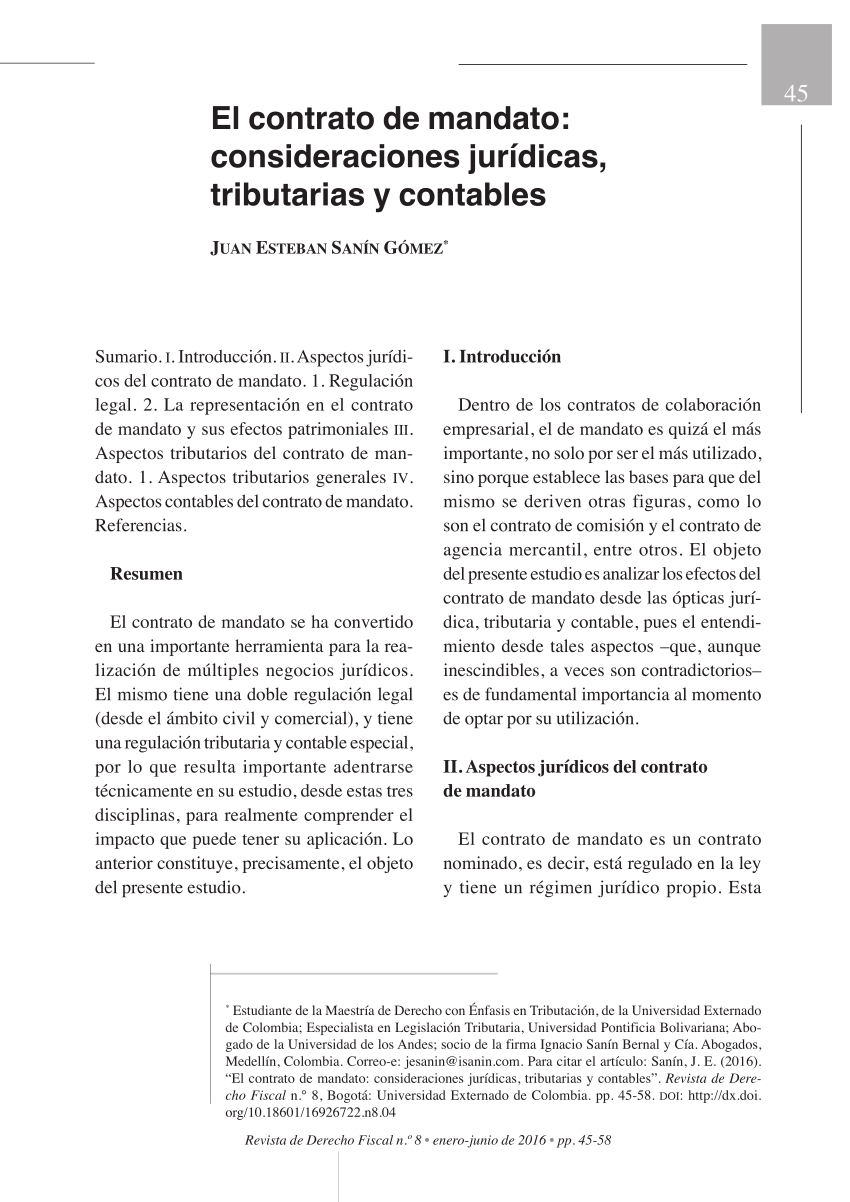 PDF) El contrato de mandato: consideraciones jurídicas, tributarias y  contables