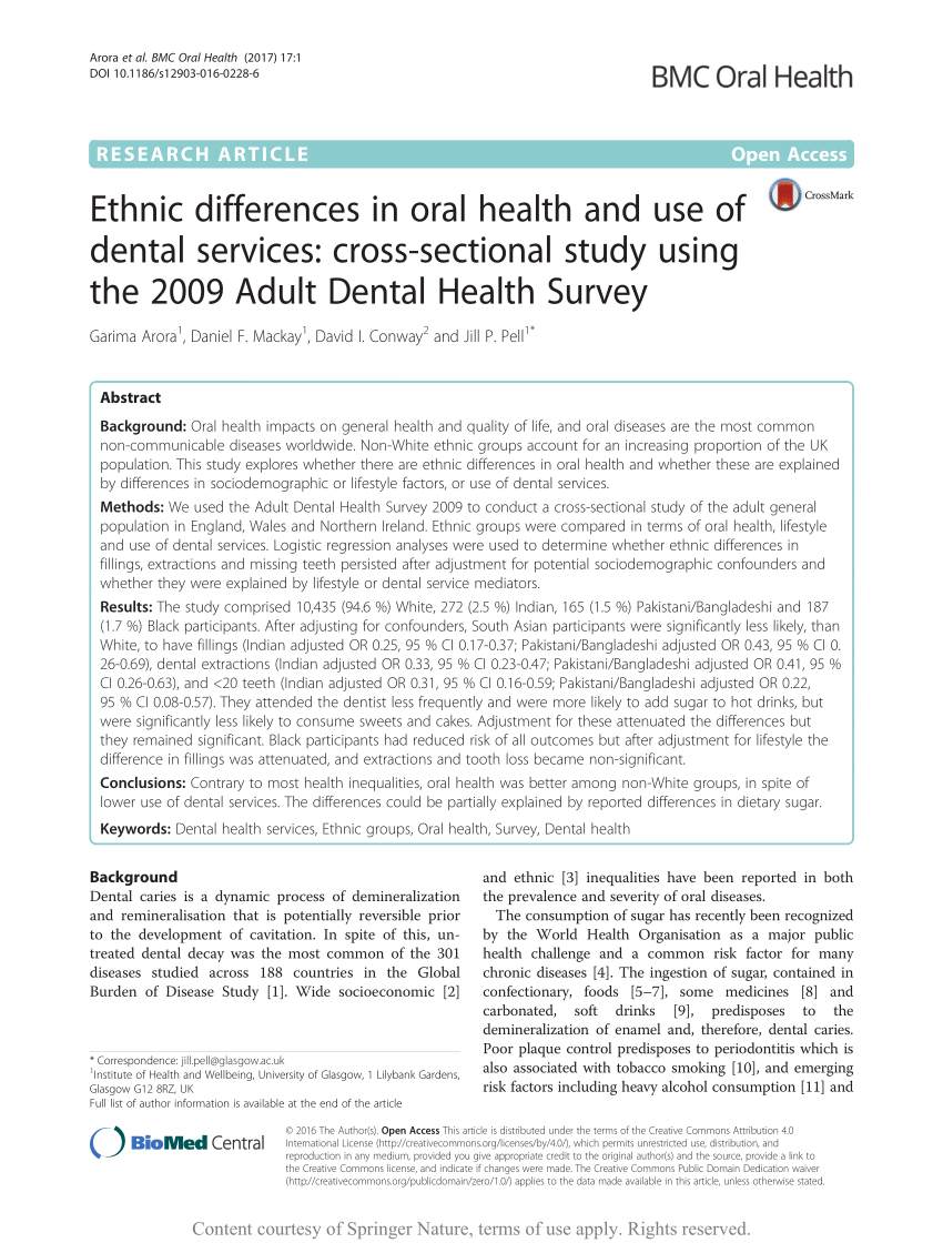 Pdf Ethnic Differences In Oral Health And Use Of Dental Services Cross-sectional Study Using The 2009 Adult Dental Health Survey