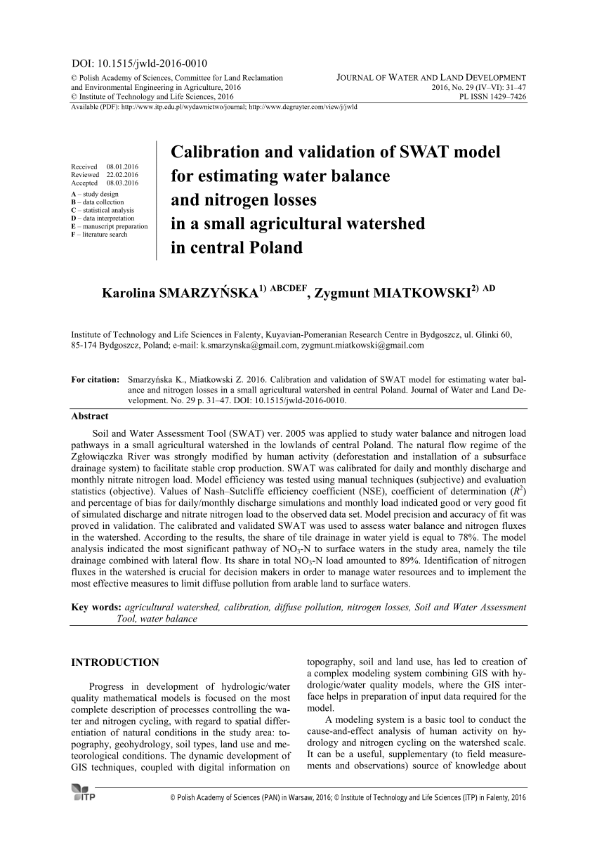 Pdf Calibration And Validation Of Swat Model For Estimating Water Balance And Nitrogen Losses In A Small Agricultural Watershed In Central Poland